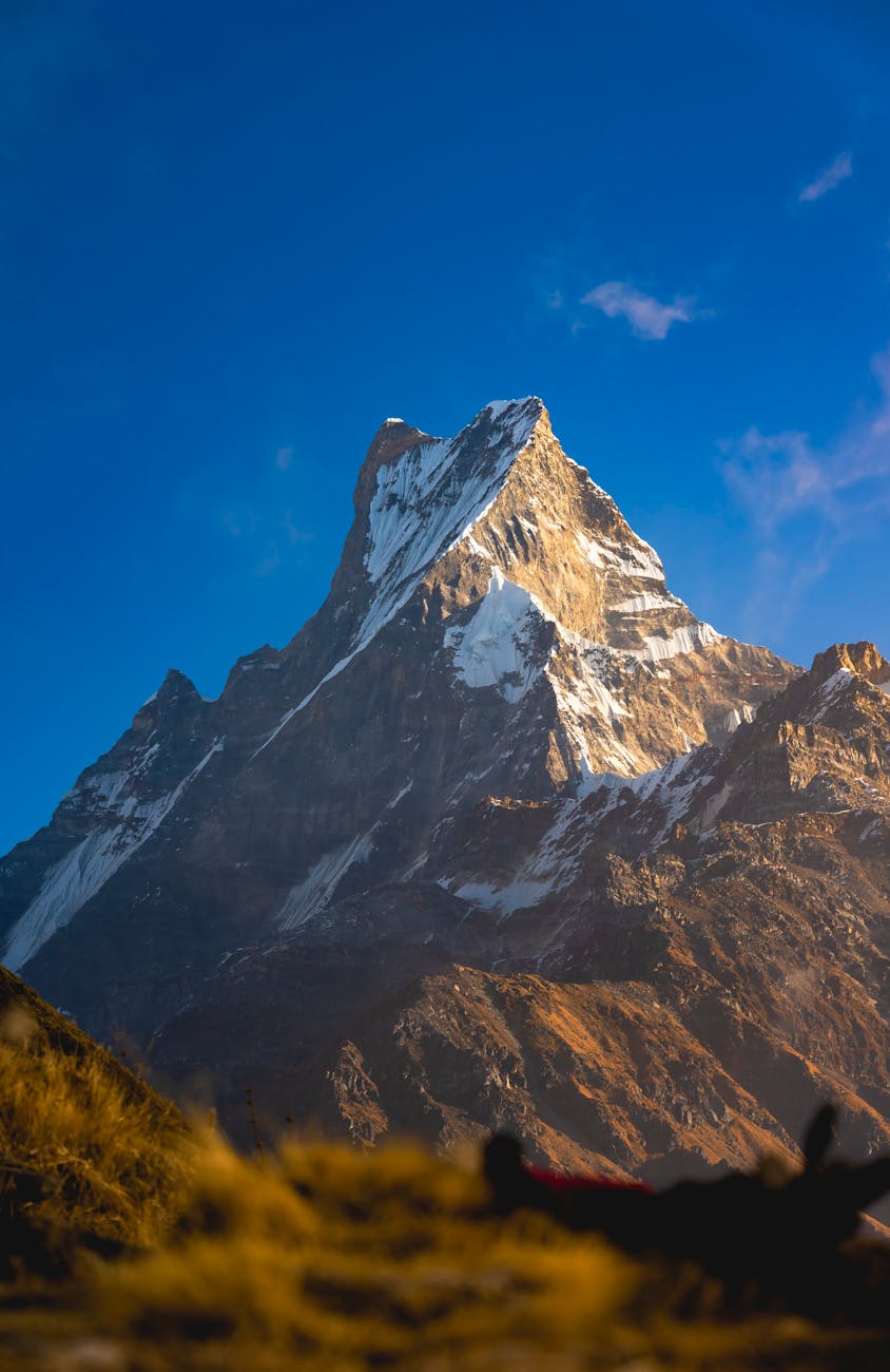 Breathtaking view of Machapuchare mountain peak, snowcapped in the Himalayas, Nepal.