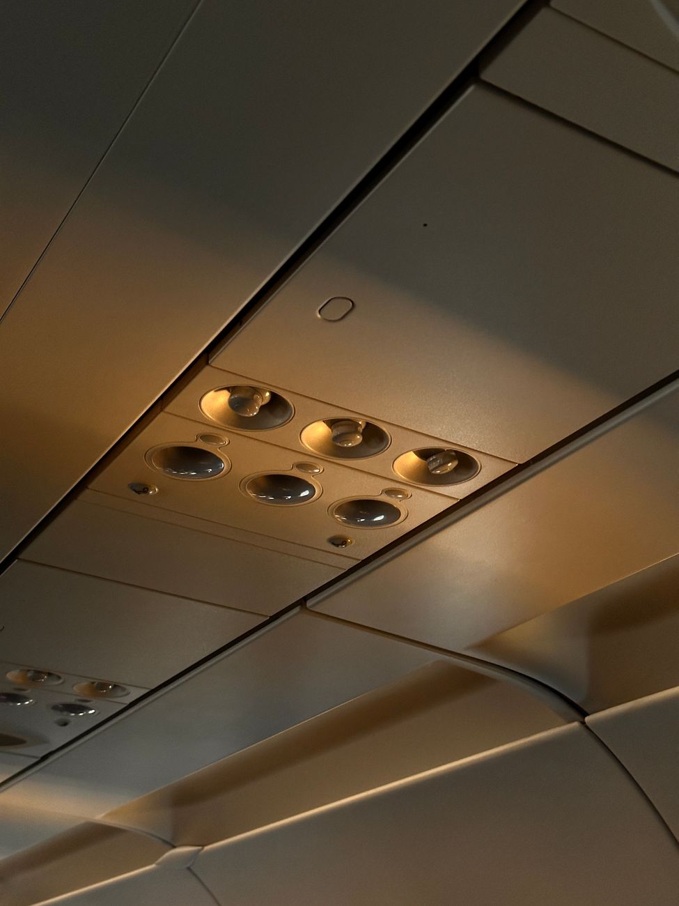 Close-up view of overhead cabin panel in airplane. Modern design and controls.