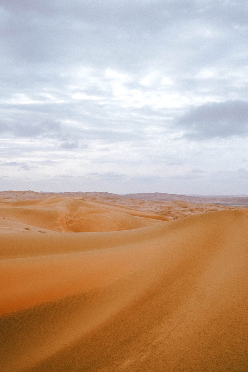 A mesmerizing view of the vast sand dunes under a cloudy sky in Abu Dhabi, UAE.