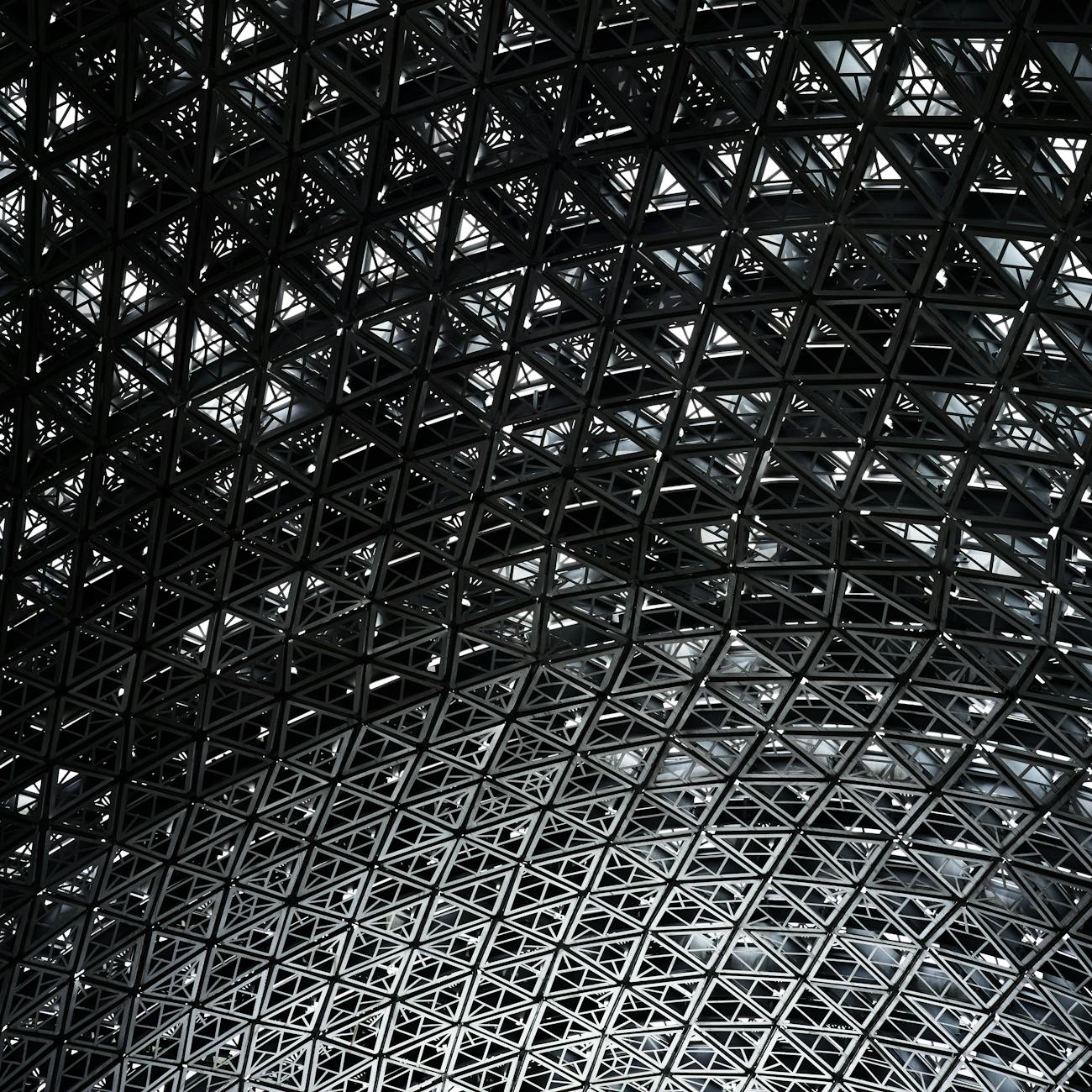 Detailed view of an intricate steel roof structure with geometric patterns, showcasing modern architecture.