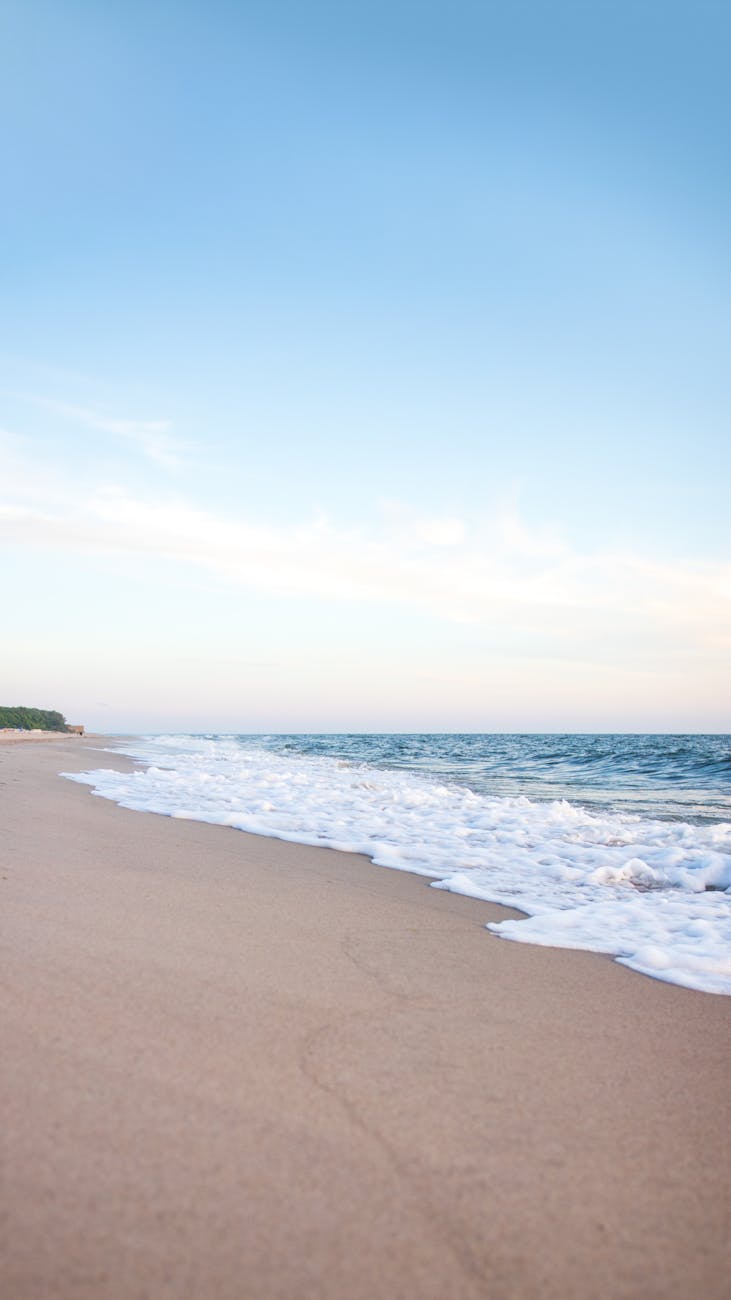 A tranquil beach with gentle waves and a clear blue sky in Kaliningrad Oblast, Russia.