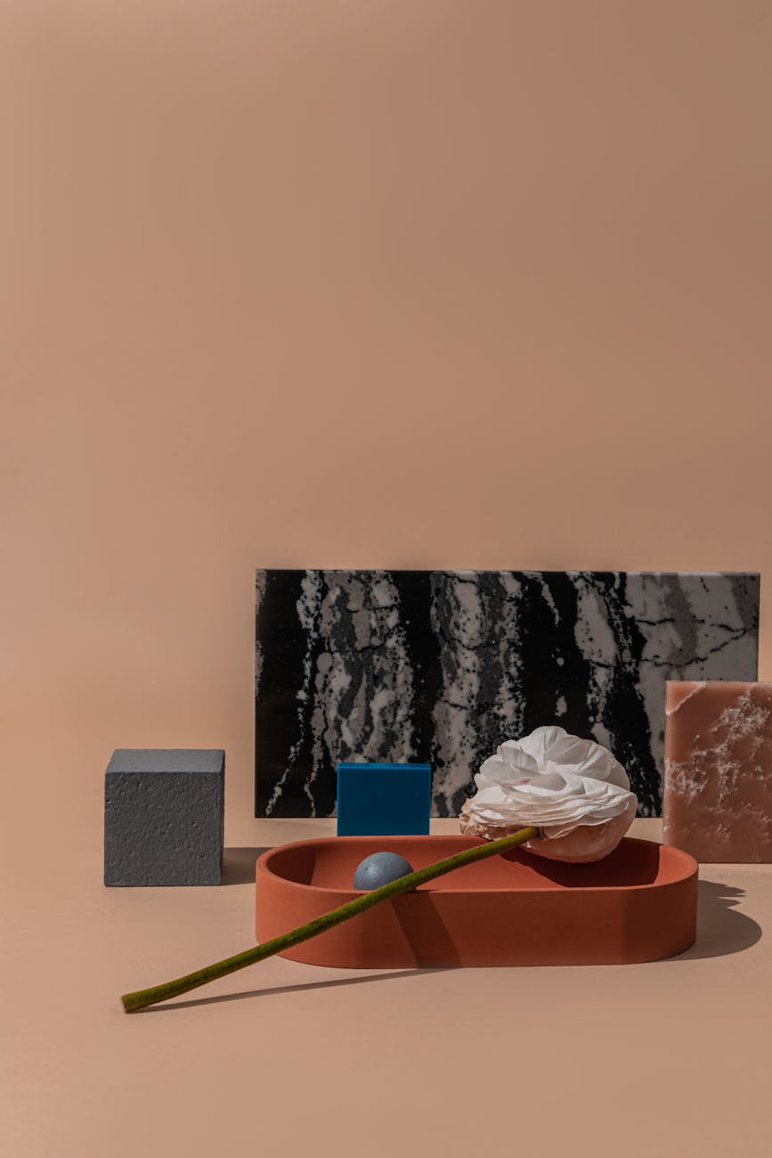 Modern still life featuring geometric shapes and flowers on a marble backdrop.