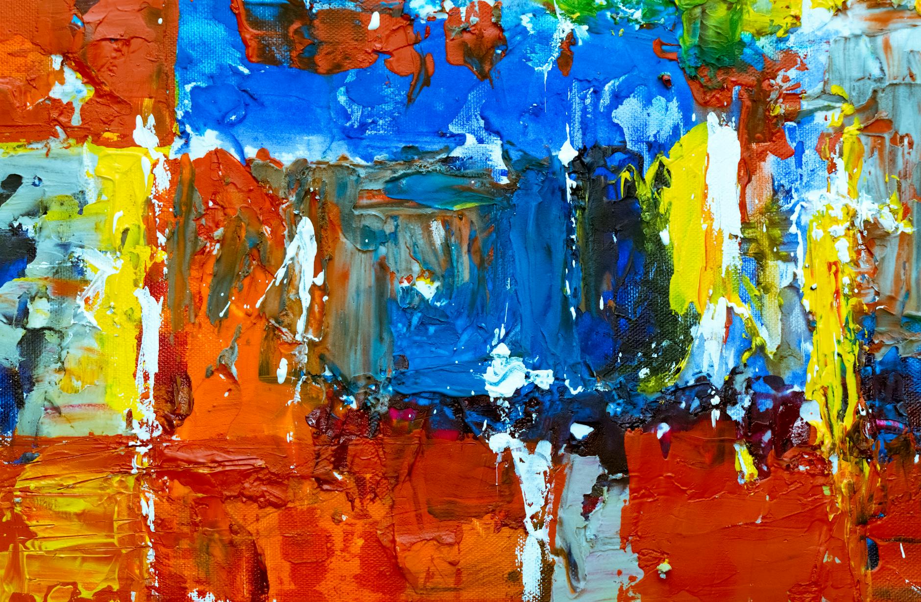 Dynamic abstract expressionism painting with vibrant colors and textured acrylic on canvas.