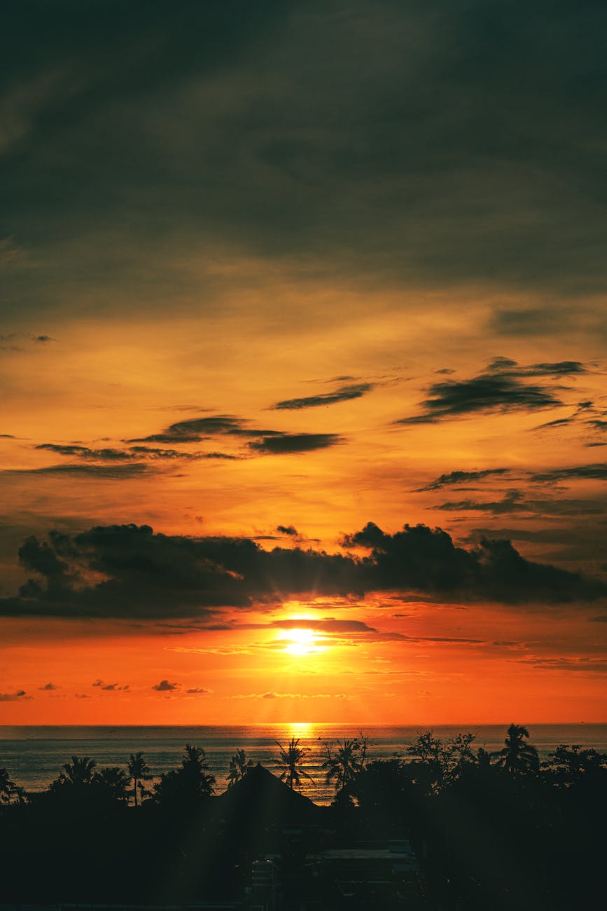 Captivating sunset over ocean with palm tree silhouettes and dramatic clouds.