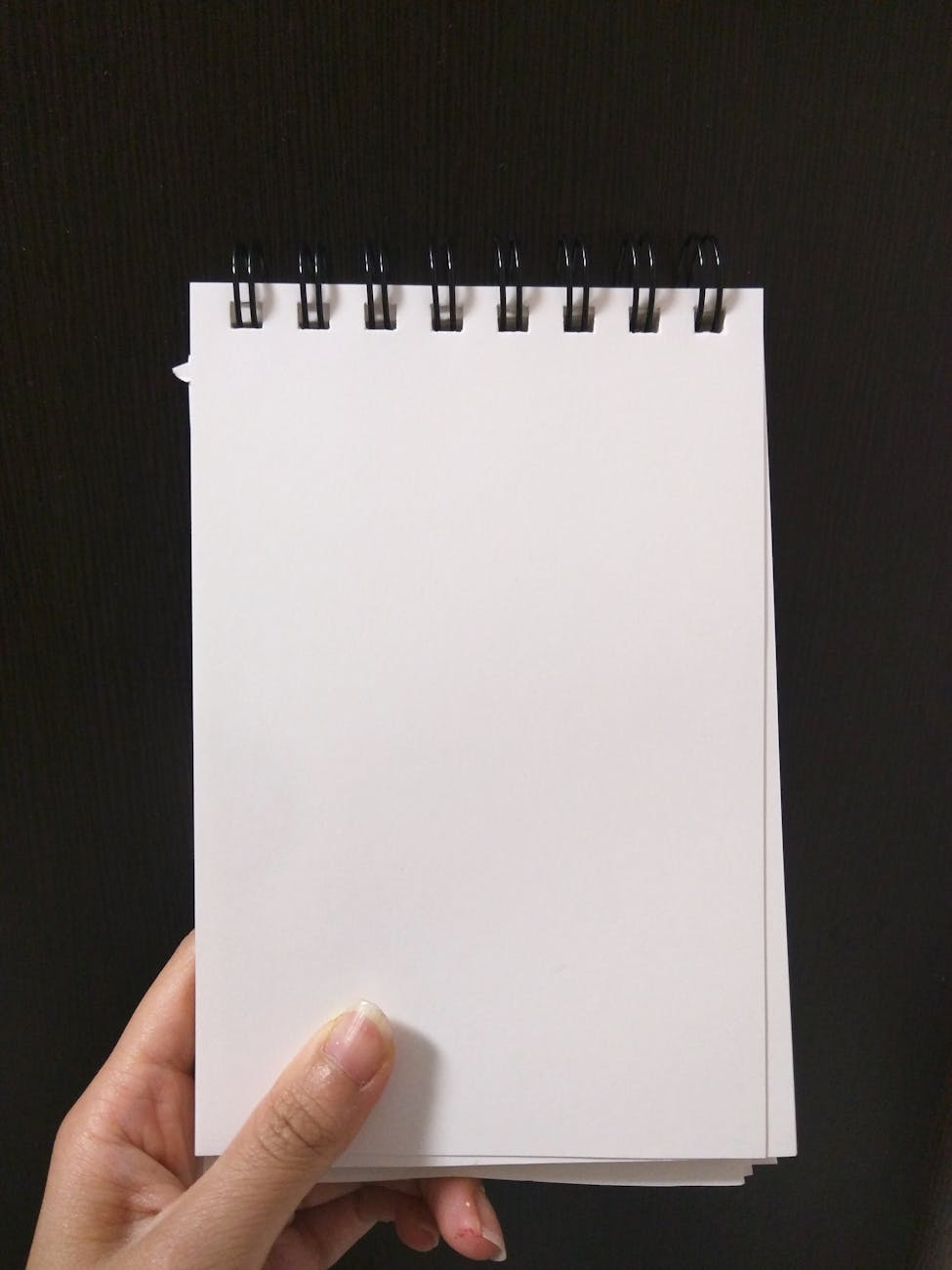 A close-up view of a hand holding a blank spiral notebook ready for writing or sketching.