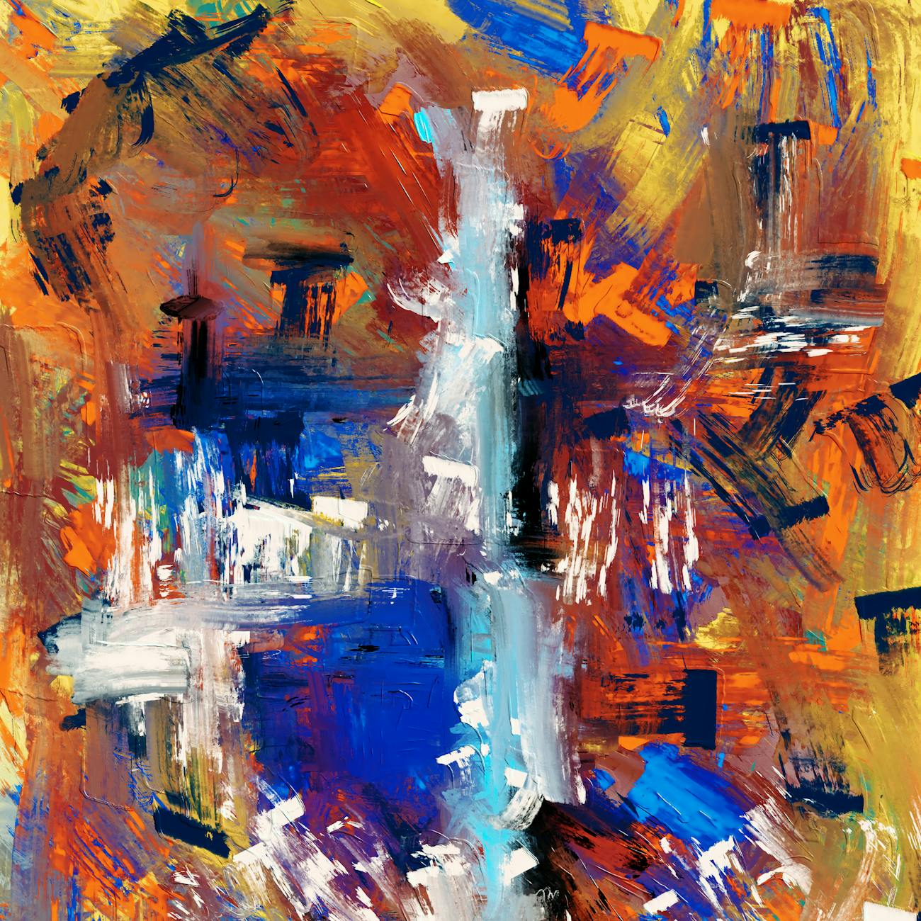 Dynamic abstract painting featuring bold colors and expressive brushstrokes, perfect for modern art enthusiasts.