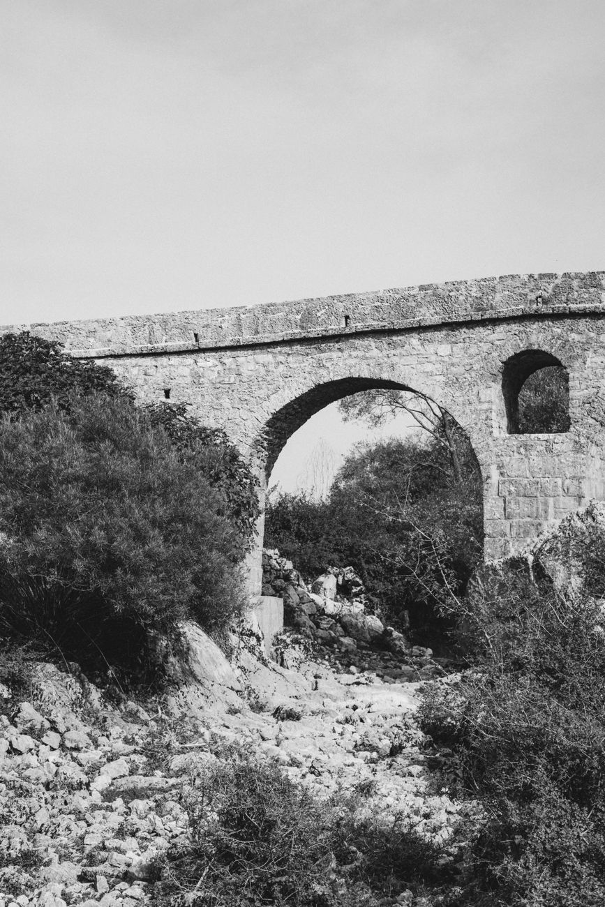 Black-and-white image of an ancient stone bridge over a rocky terrain, set amidst lush greenery.