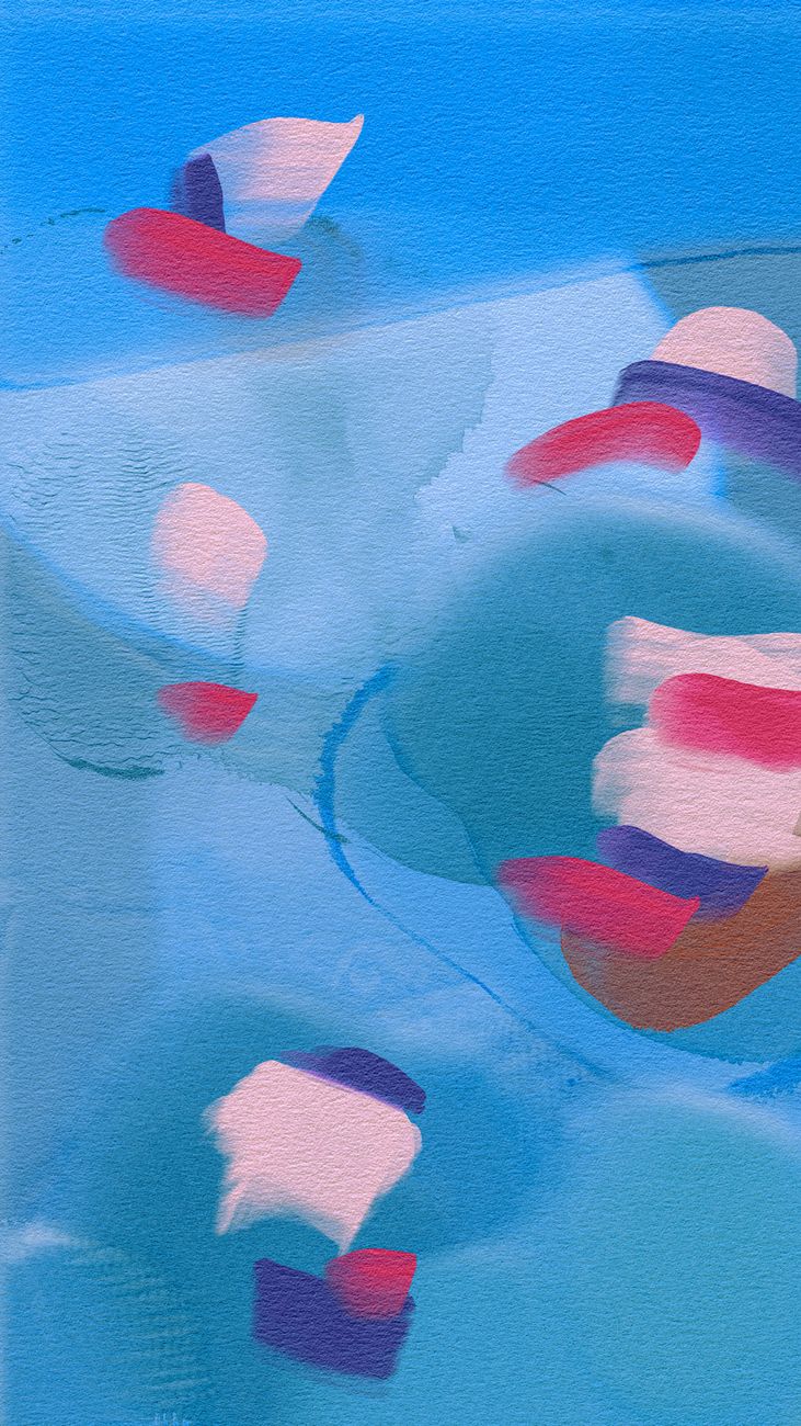 Dynamic abstract artwork featuring flowing blue and red tones, conveying motion and emotion.