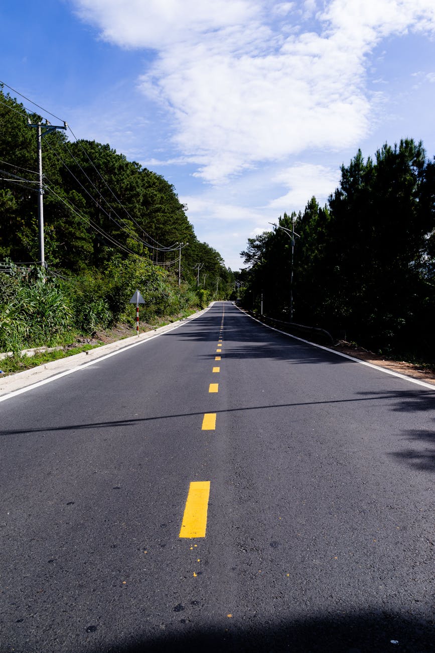 A serene view of an empty road surrounded by trees under a partly cloudy sky.