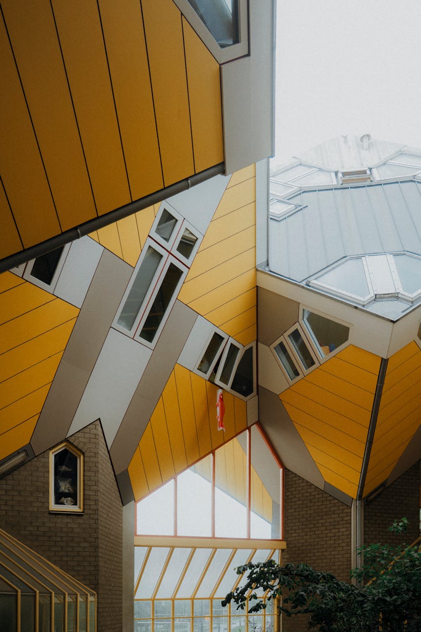 Dynamic view of the iconic Cube Houses' geometric design in Utrecht, Netherlands.
