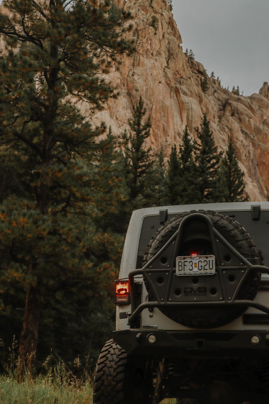 Rugged off-road vehicle parked among trees and rock formations in mountainous landscape.