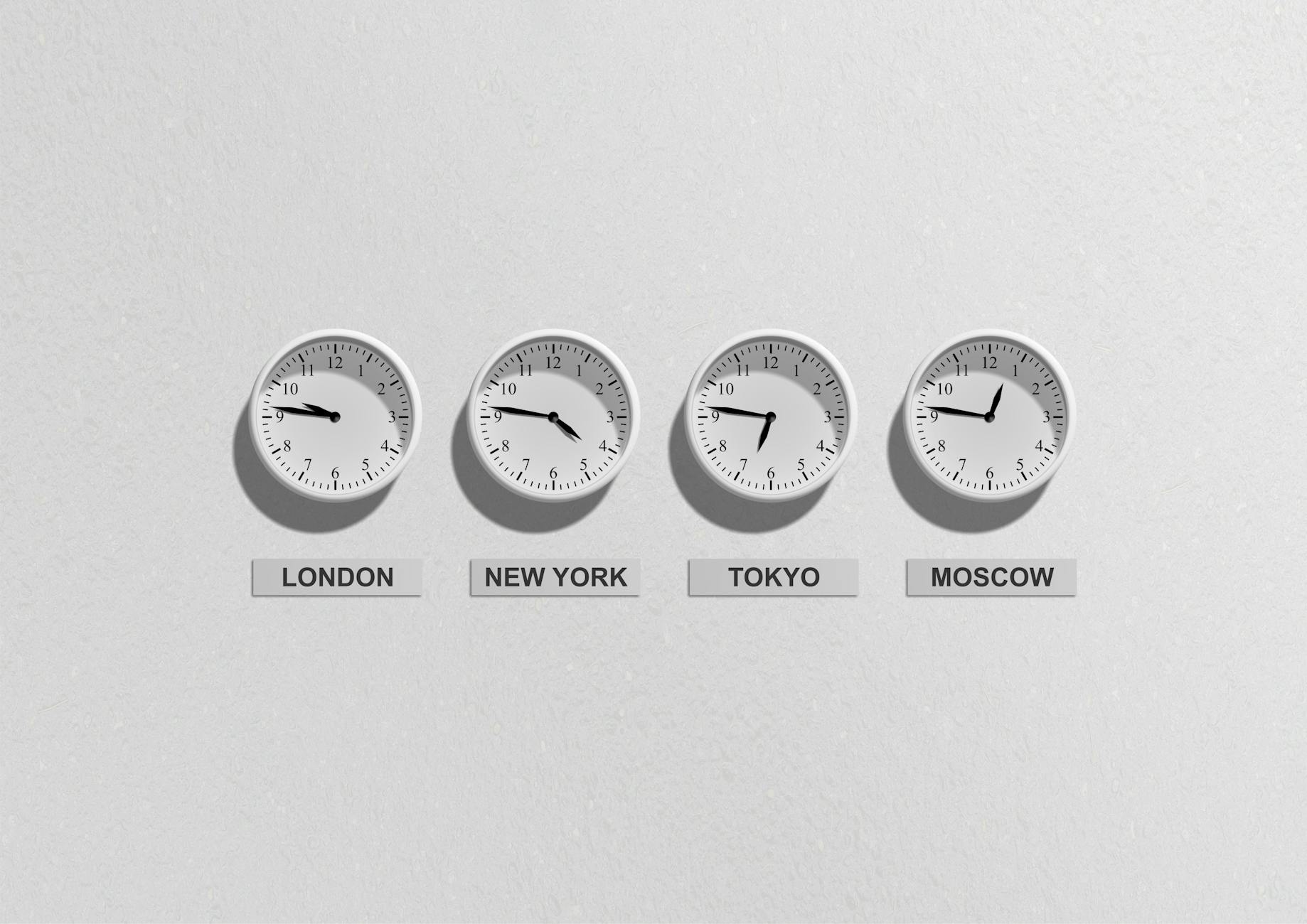 Four wall clocks showing different time zones for London, New York, Tokyo, and Moscow.