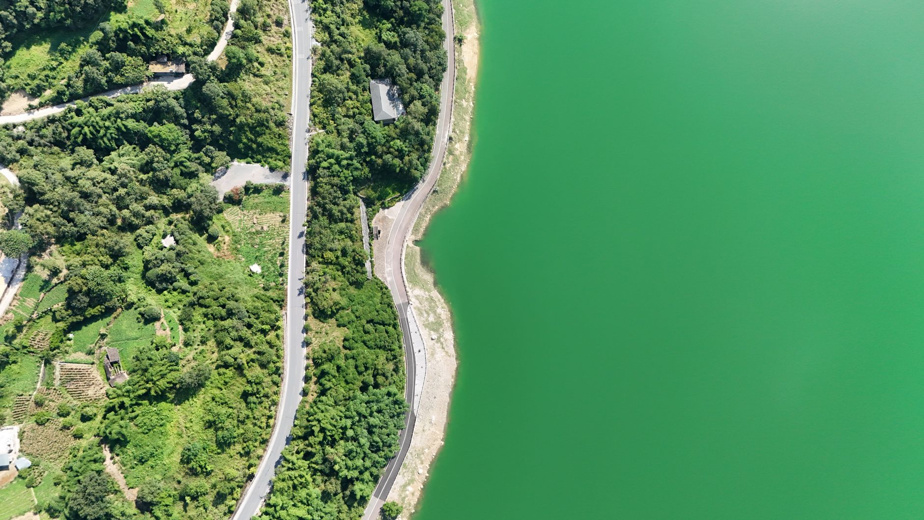 A breathtaking aerial view showcasing a winding road beside a lush green landscape and tranquil lake.