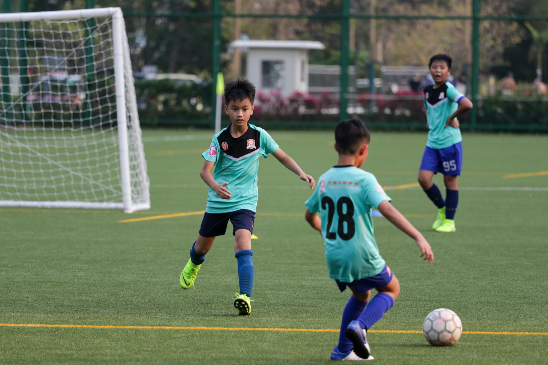 Boys playing youth soccer on a sunny day, wearing uniforms on a green field.