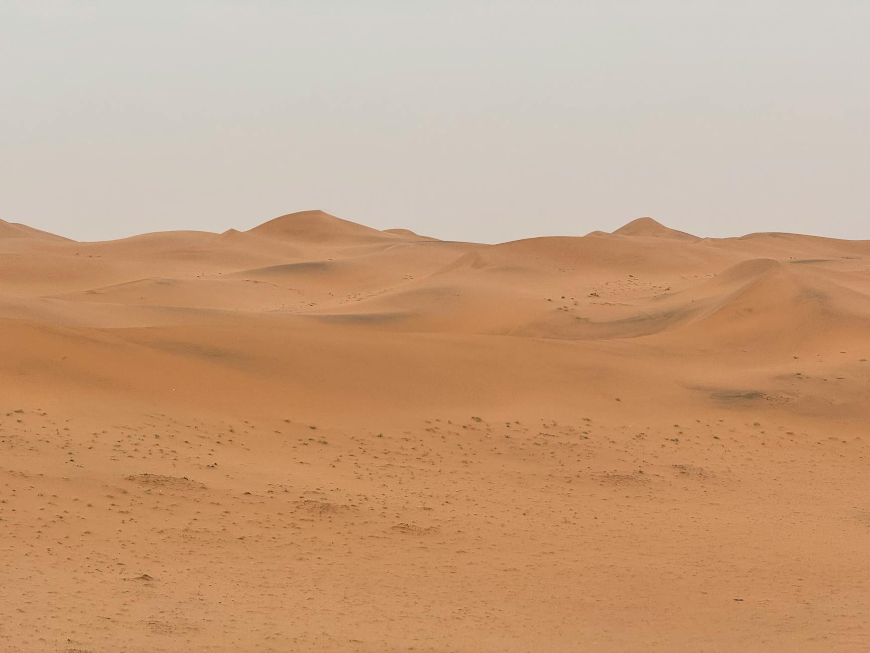A vast and tranquil desert landscape with rolling sand dunes in Riyadh, Saudi Arabia.