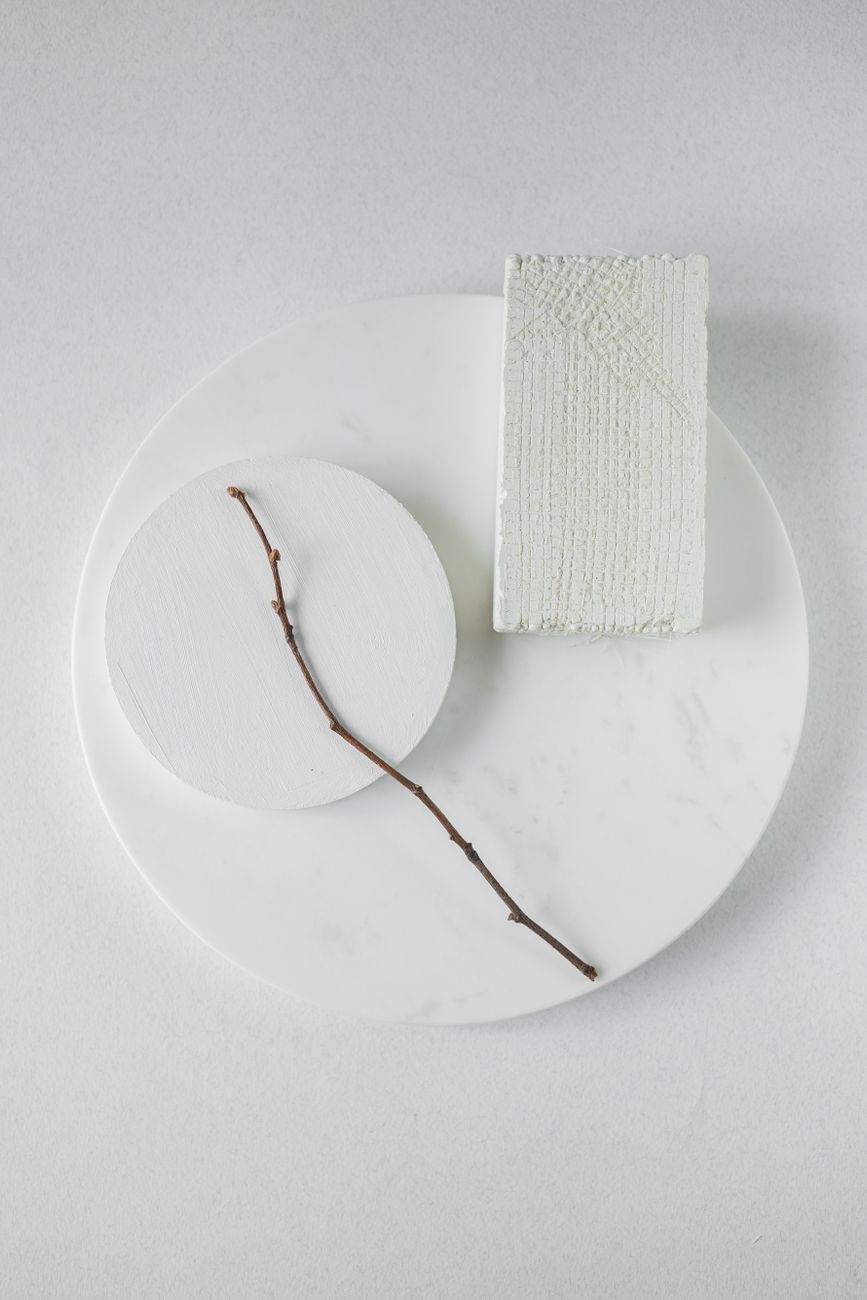 Simple minimalist design featuring a twig on geometric white objects.