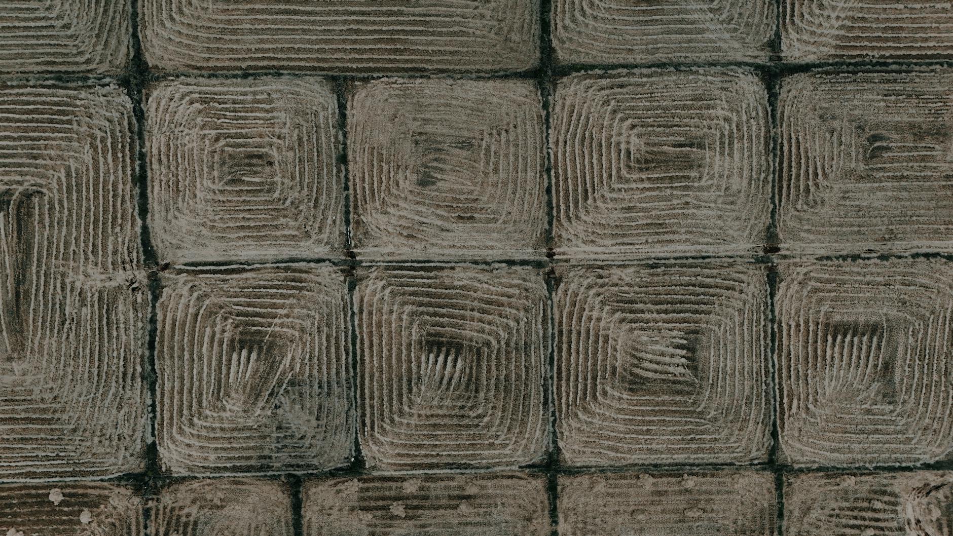 Drone shot capturing the geometric patterns of plowed agricultural fields.