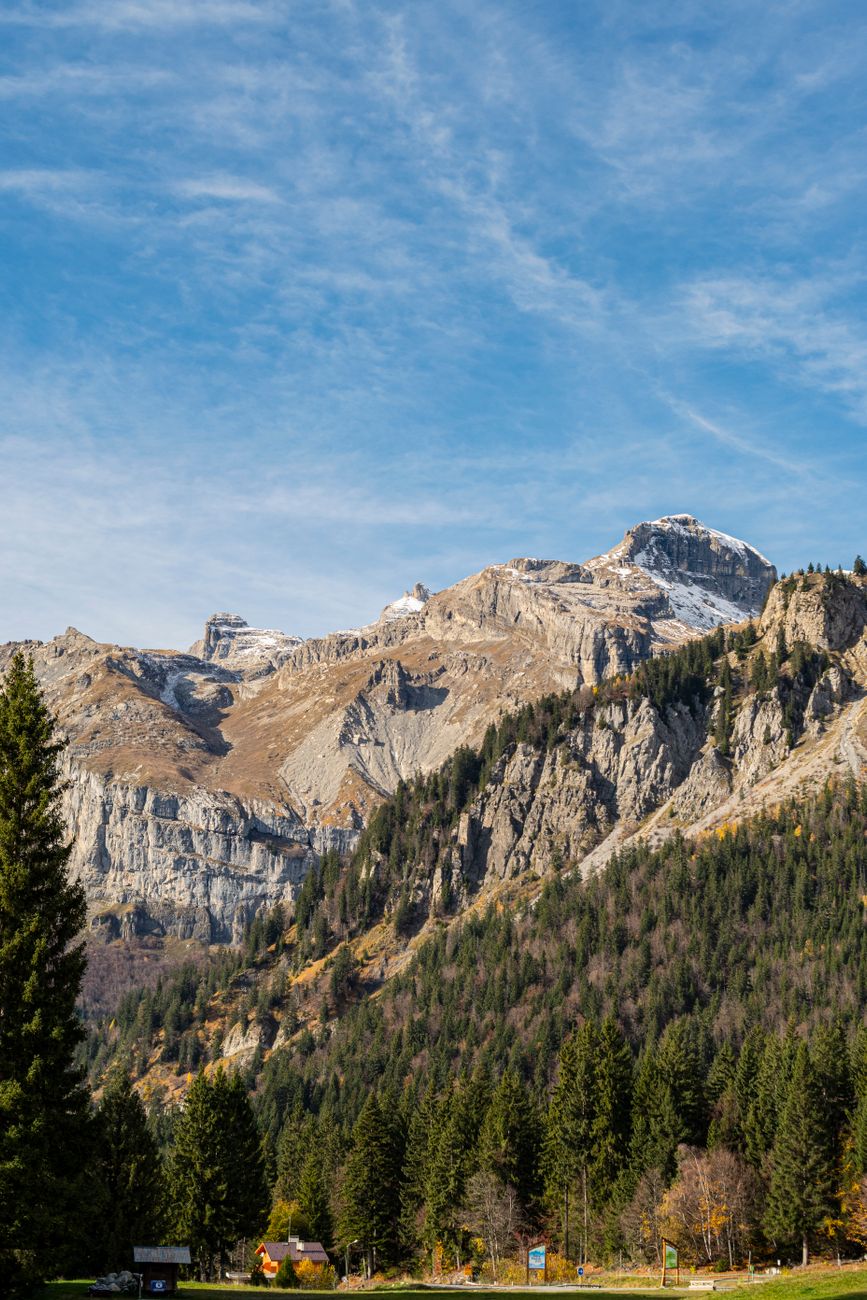 Spectacular view of rocky mountains and lush forests in Chamonix, France.
