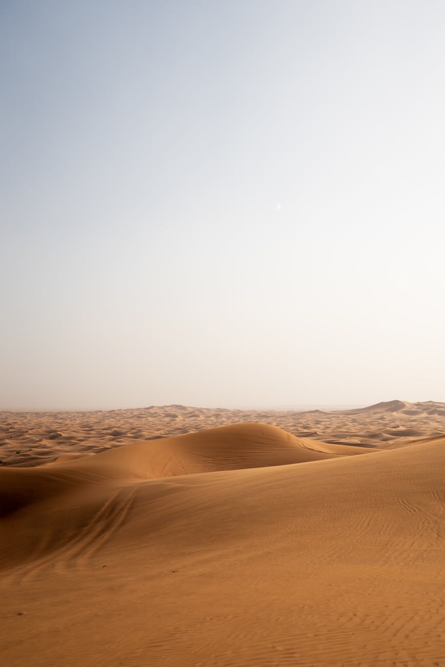 Vast rolling dunes under a bright sky in the Dubai desert, capturing serene beauty and tranquility.