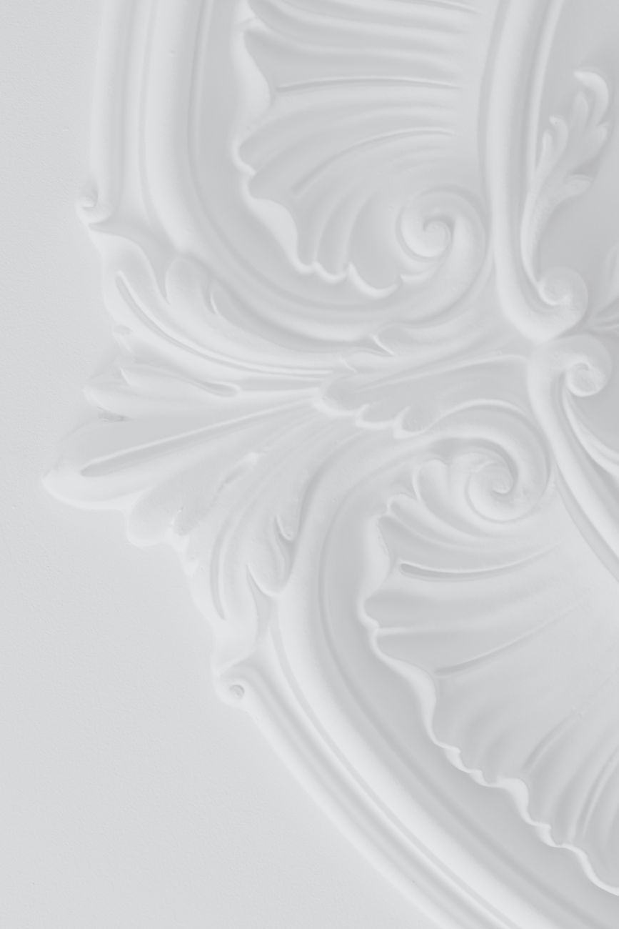Intricate white wall design featuring a classic ornamental pattern in close-up view.