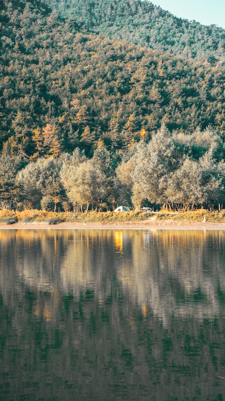 Serene autumn landscape with a lake and forest reflection in Amasya, Turkey.