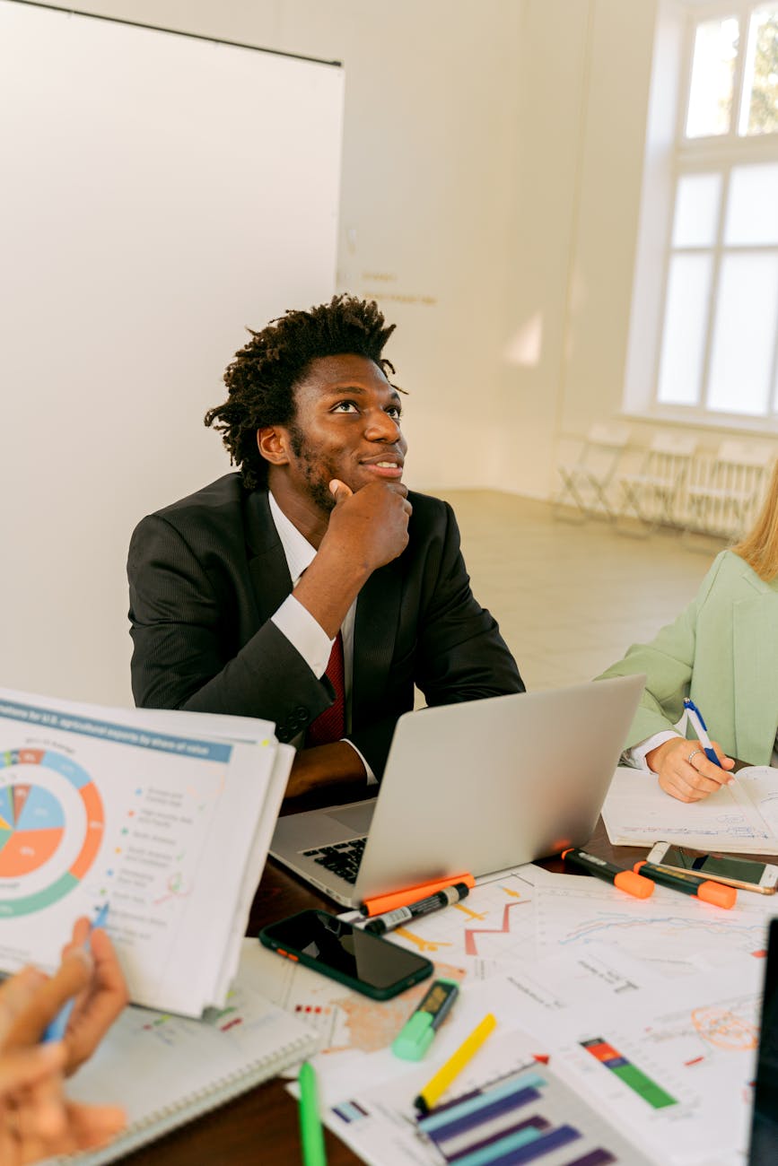 Business professional brainstorming in a modern office setting.