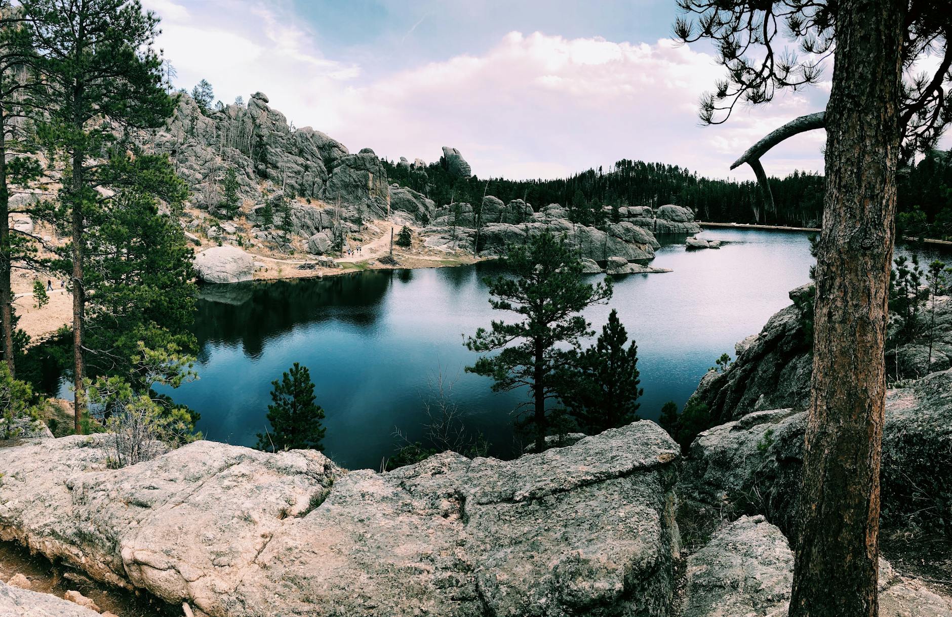 Serene lake surrounded by rocky hills and conifer trees in Custer State Park, South Dakota.
