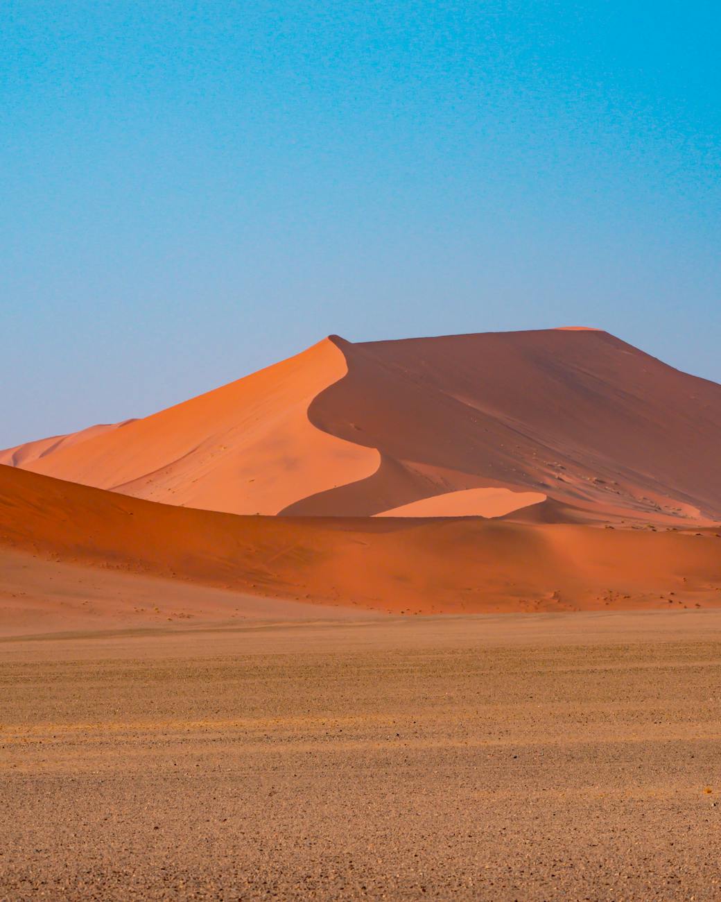 Beautiful golden sand dunes under blue sky in Namib Desert, Namibia.