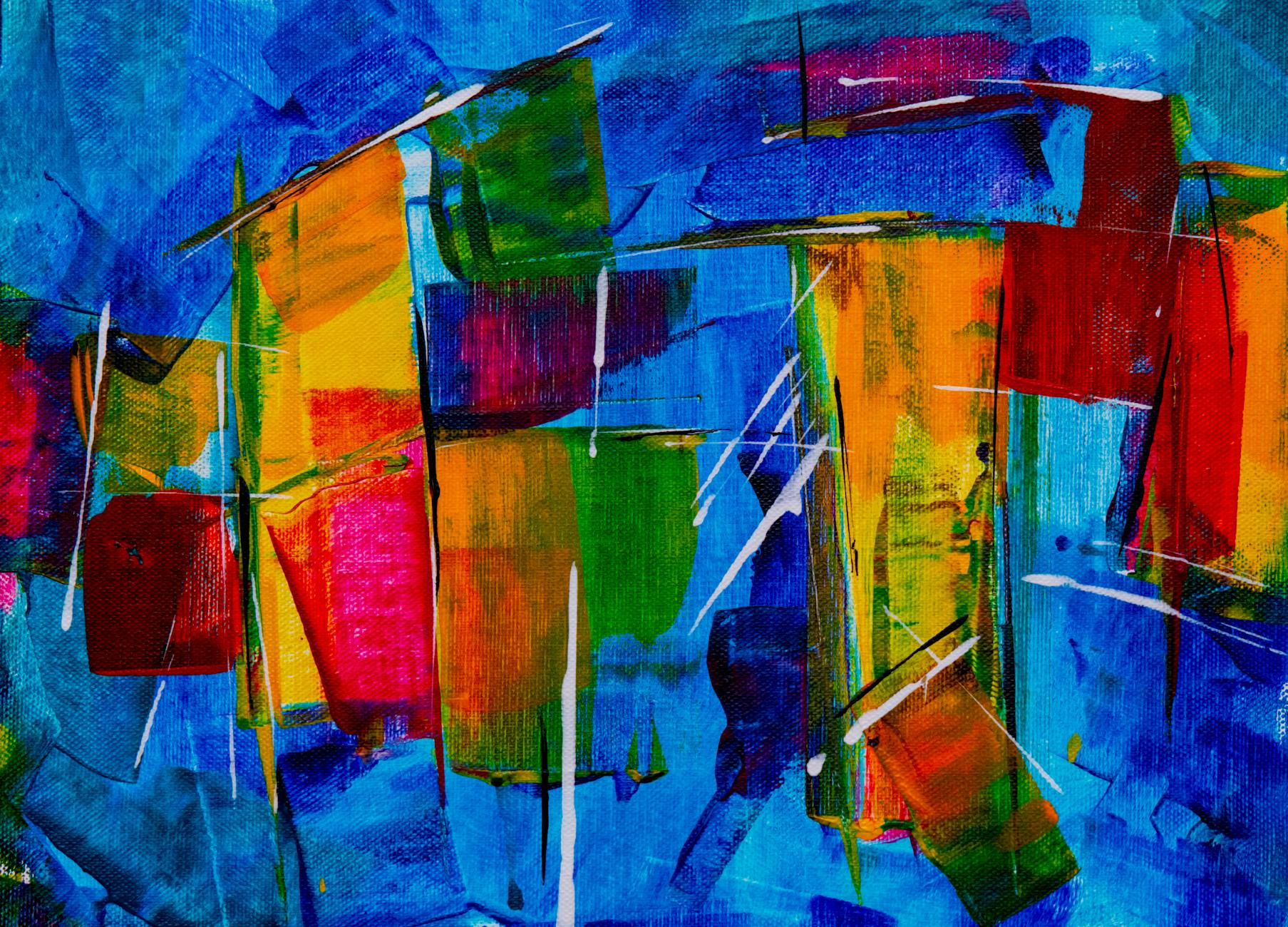 Colorful abstract expressionism painting with vivid brush strokes on canvas.