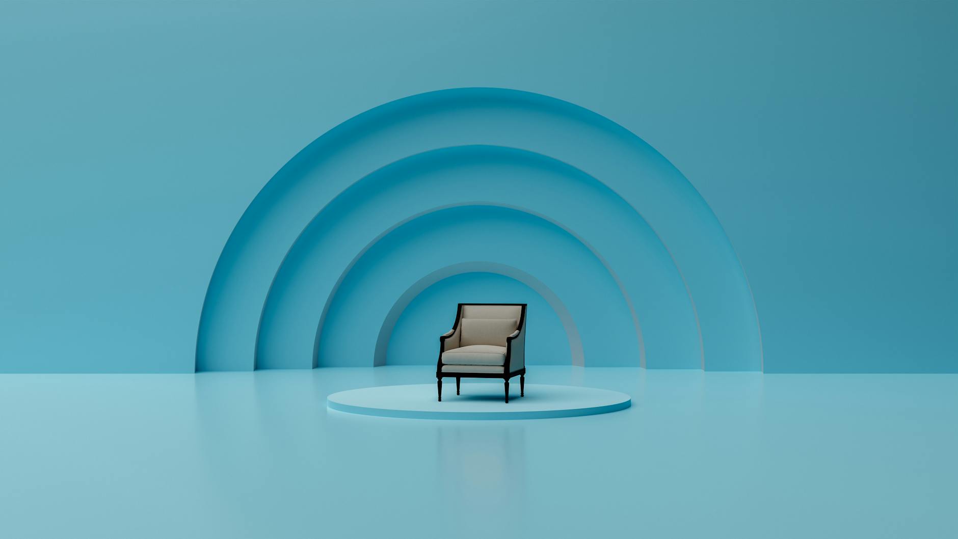 Elegant armchair in a minimalist blue abstract interior with curved design.