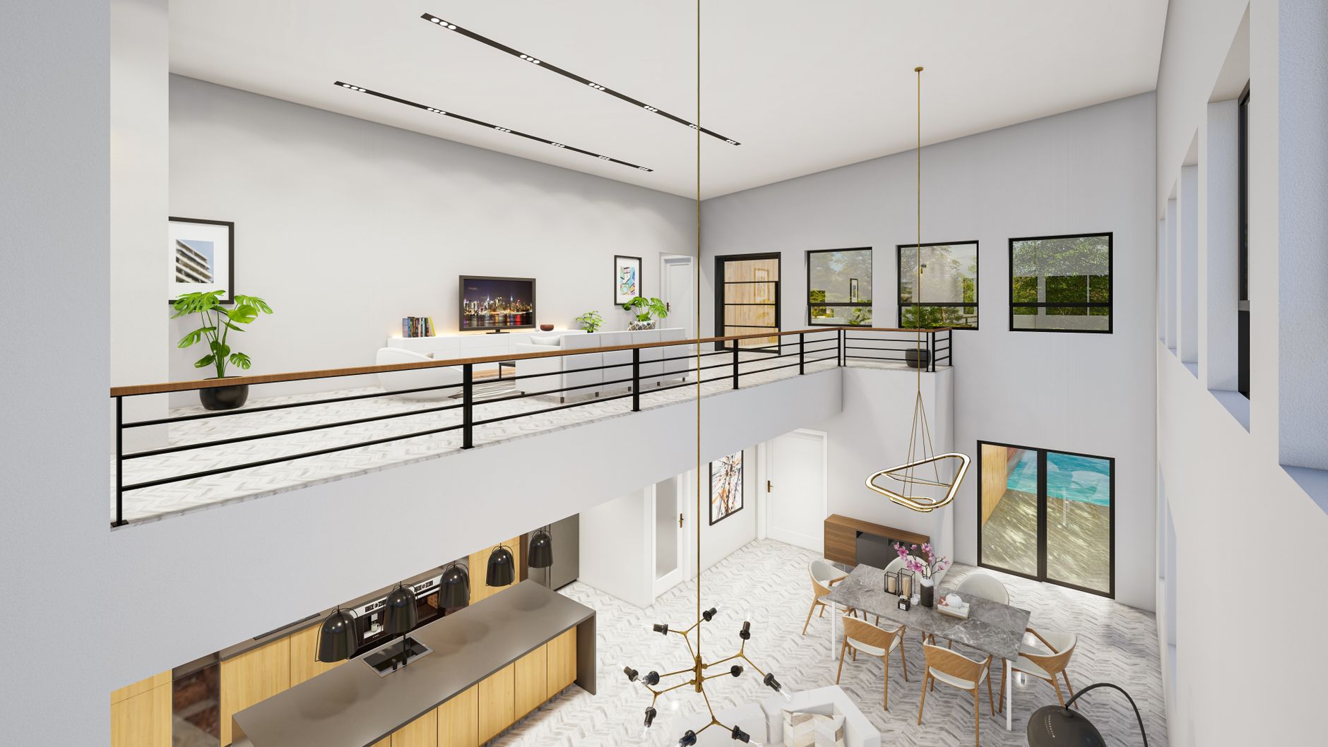 Spacious modern home interior with minimalist design and open balcony view.