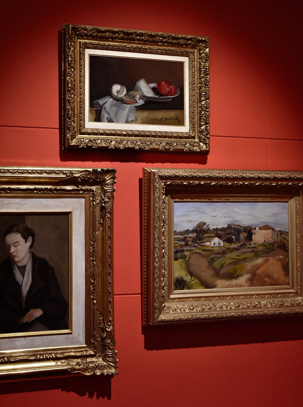 Capture of framed artworks displayed elegantly in a museum setting, highlighting intricate frames.
