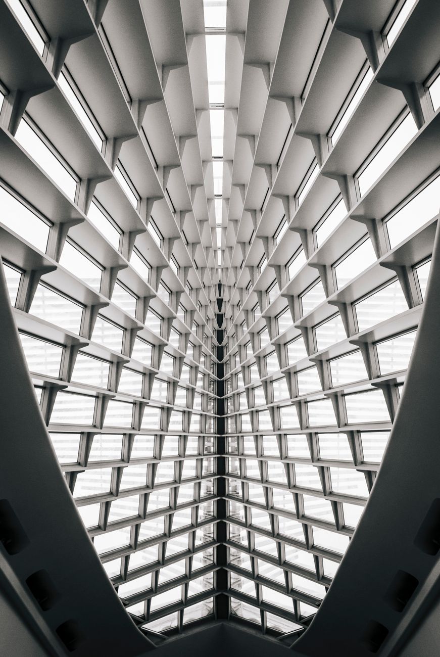 Modern architectural design with geometric patterns inside Milwaukee Art Museum.