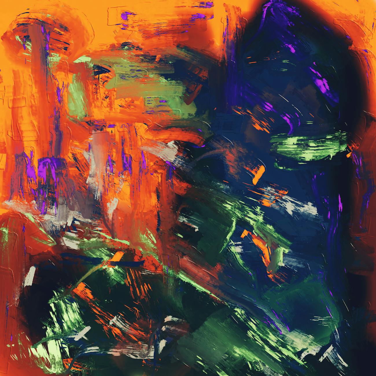 Bold abstract artwork with vivid colors and dynamic brushstrokes.