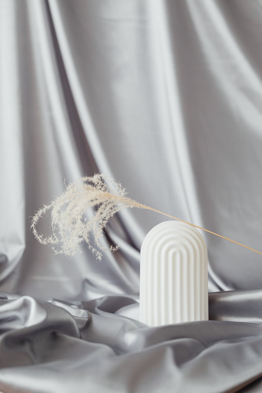 A modern minimalist design with a neutral palette featuring a dry grass ornament on silk fabric.