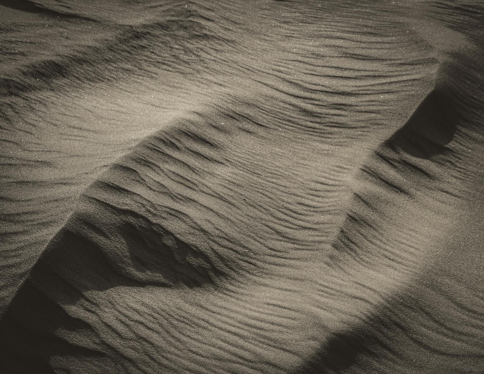 Close-up of wavy sand dunes showcasing unique textures in Dubai's desert.