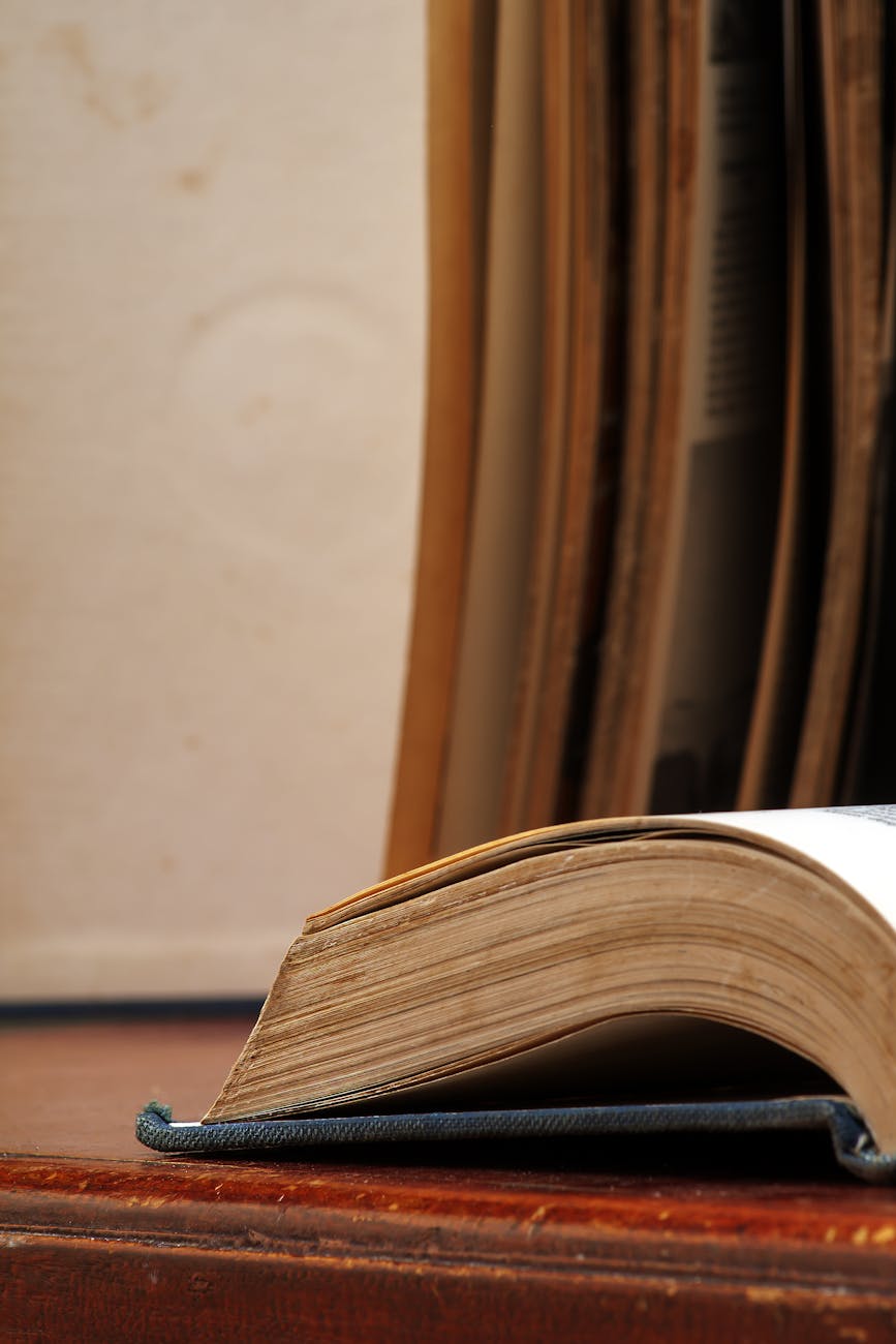 A detailed view of old books arranged on a wooden shelf, showing their spines and edges.