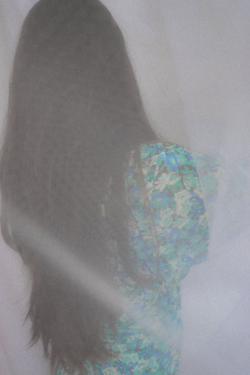 Ethereal portrait of a woman with long hair, veiled in soft light.