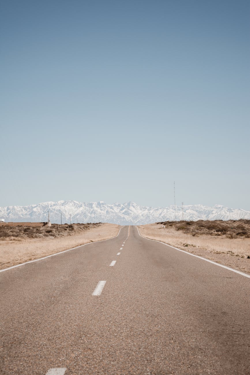 Long straight road leading towards the Andes Mountains under a clear sky near Mendoza, Argentina.