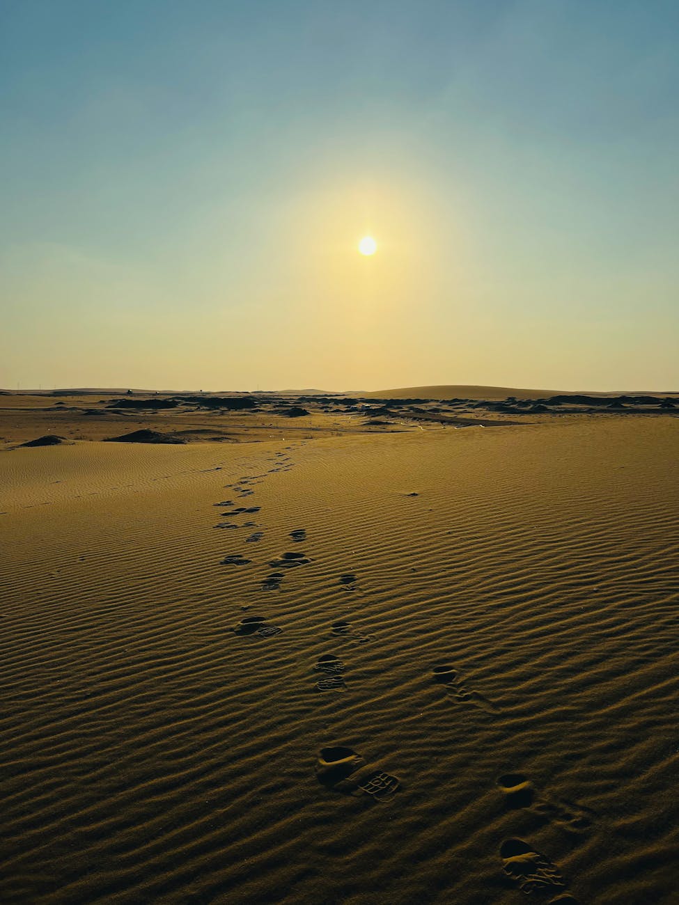 Glistening desert landscape with footprints leading towards a golden sunset.