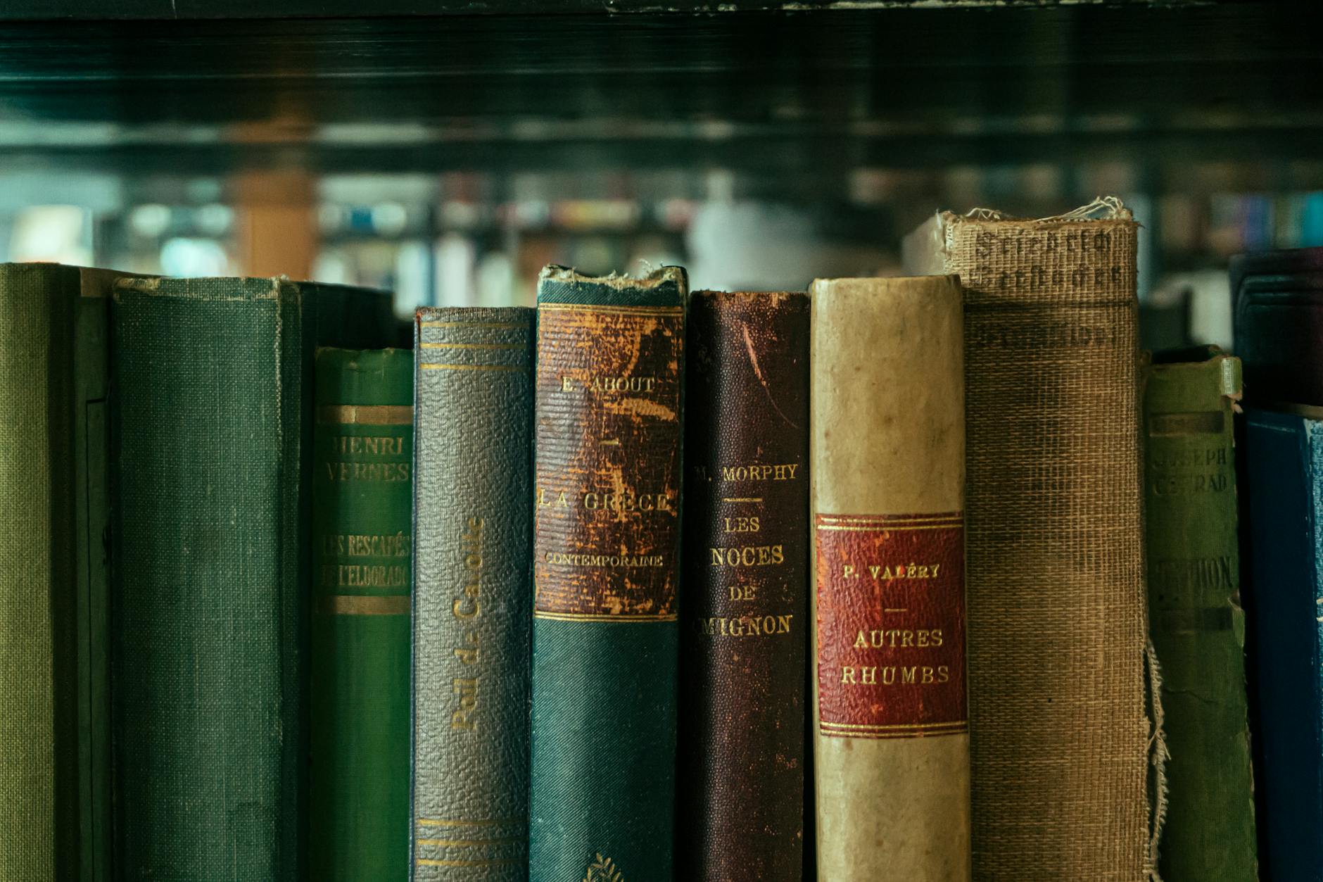 Close-up view of a row of vintage books in a library setting in Istanbul.