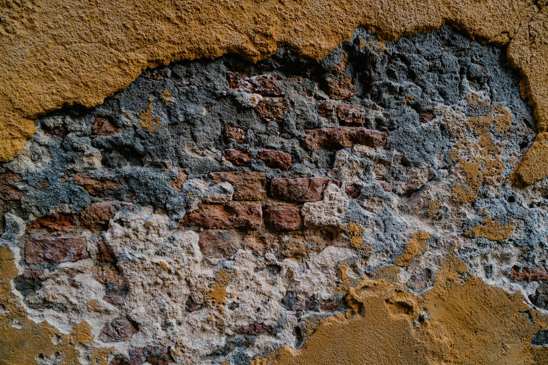 Close-up view of a weathered brick wall with peeling plaster and textured patterns.