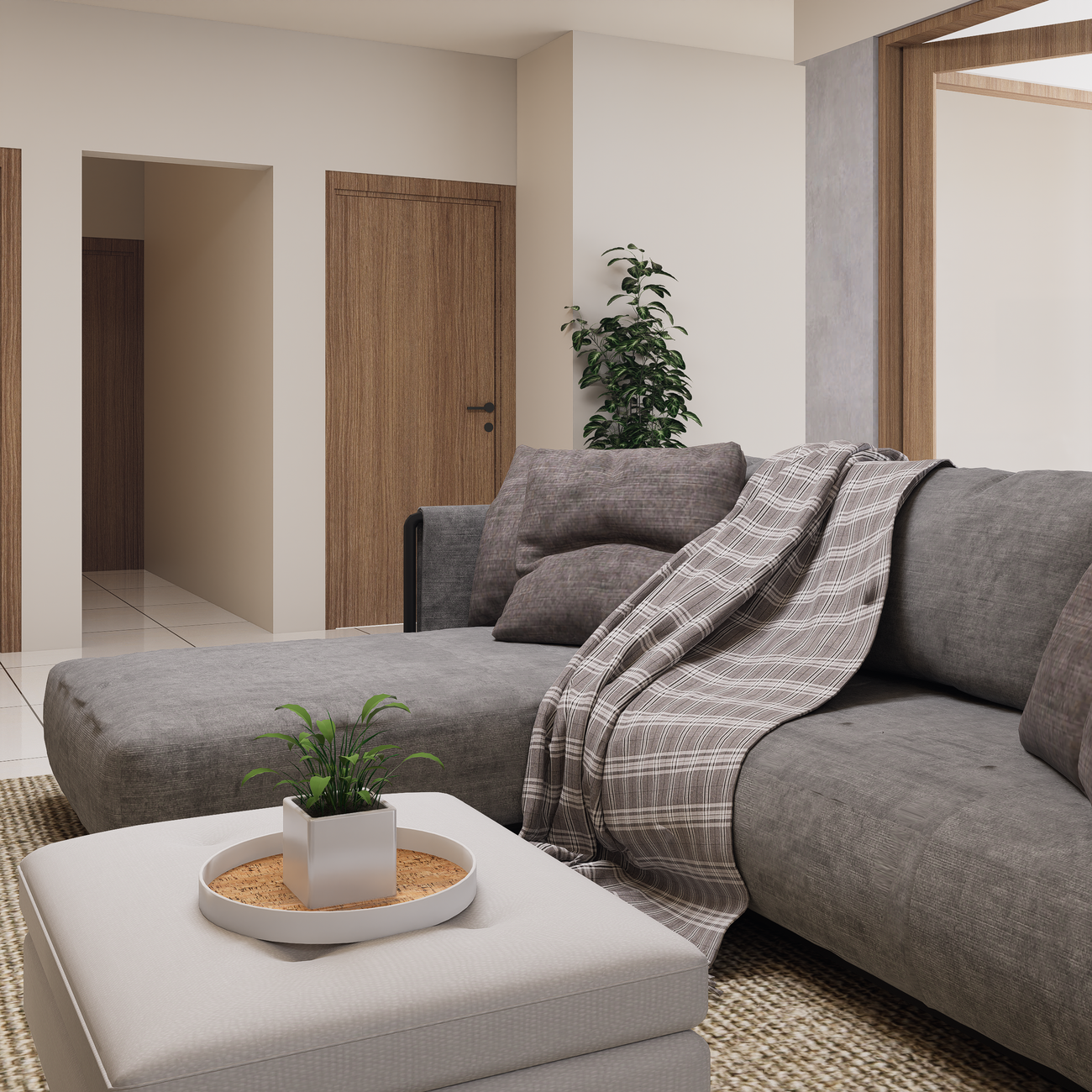 Explore this cozy modern living room with a minimalist sofa setup, perfect for interior design inspiration.