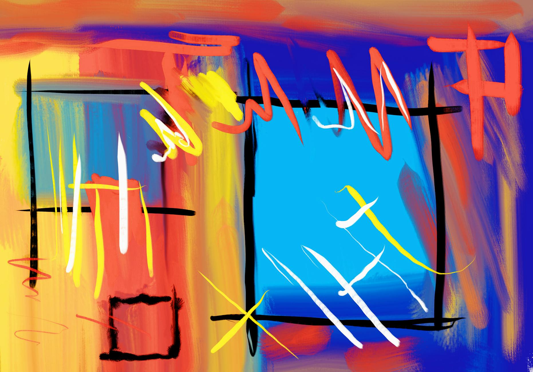 Dynamic abstract painting featuring bold colors and expressive brushstrokes, perfect for modern art lovers.