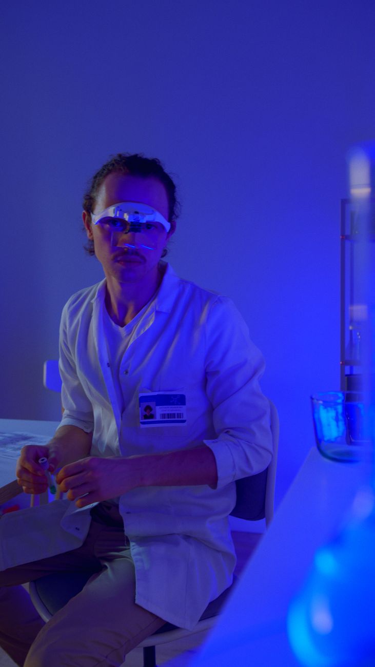 Scientist in lab coat working under blue light with experimental equipment.