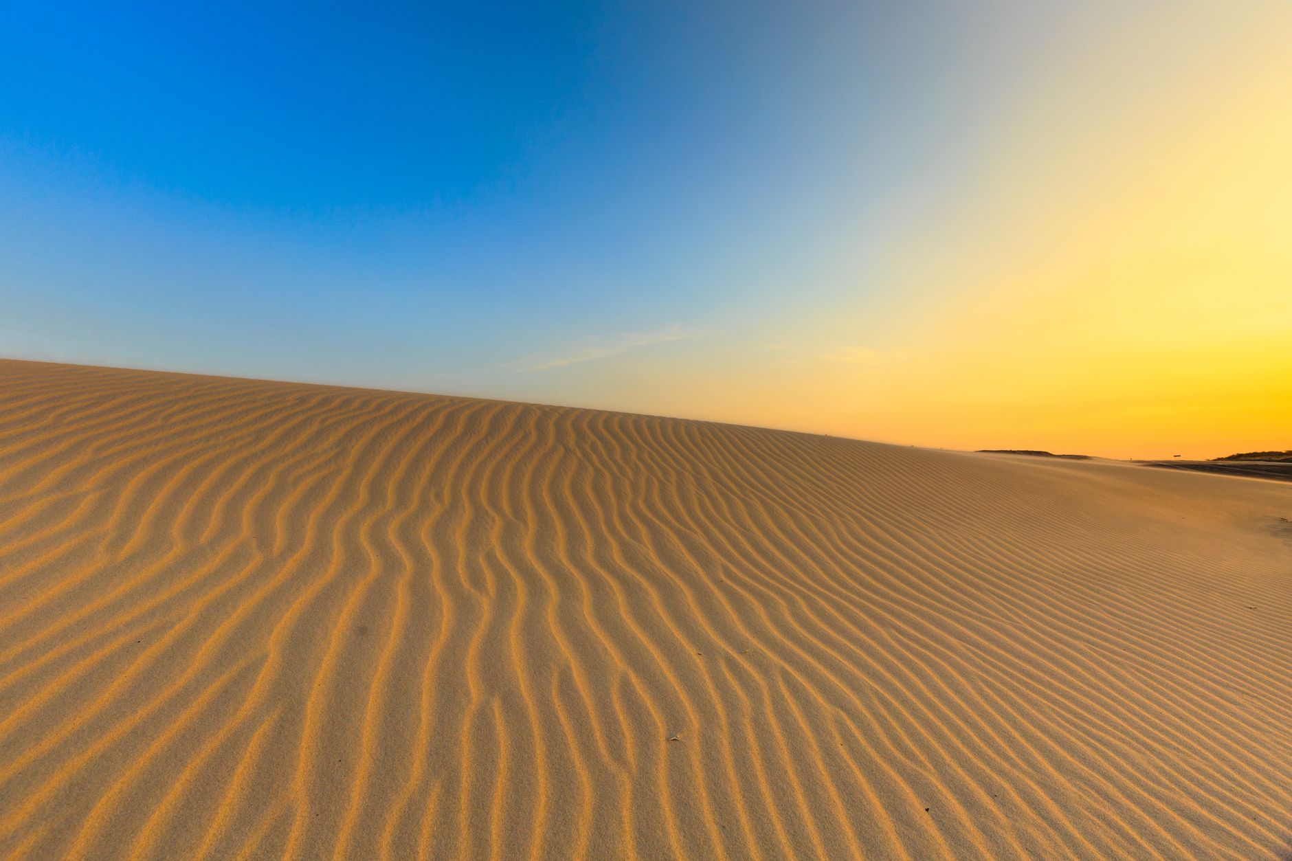 Golden sand dunes stretch across the desert landscape under a vibrant sunrise sky.