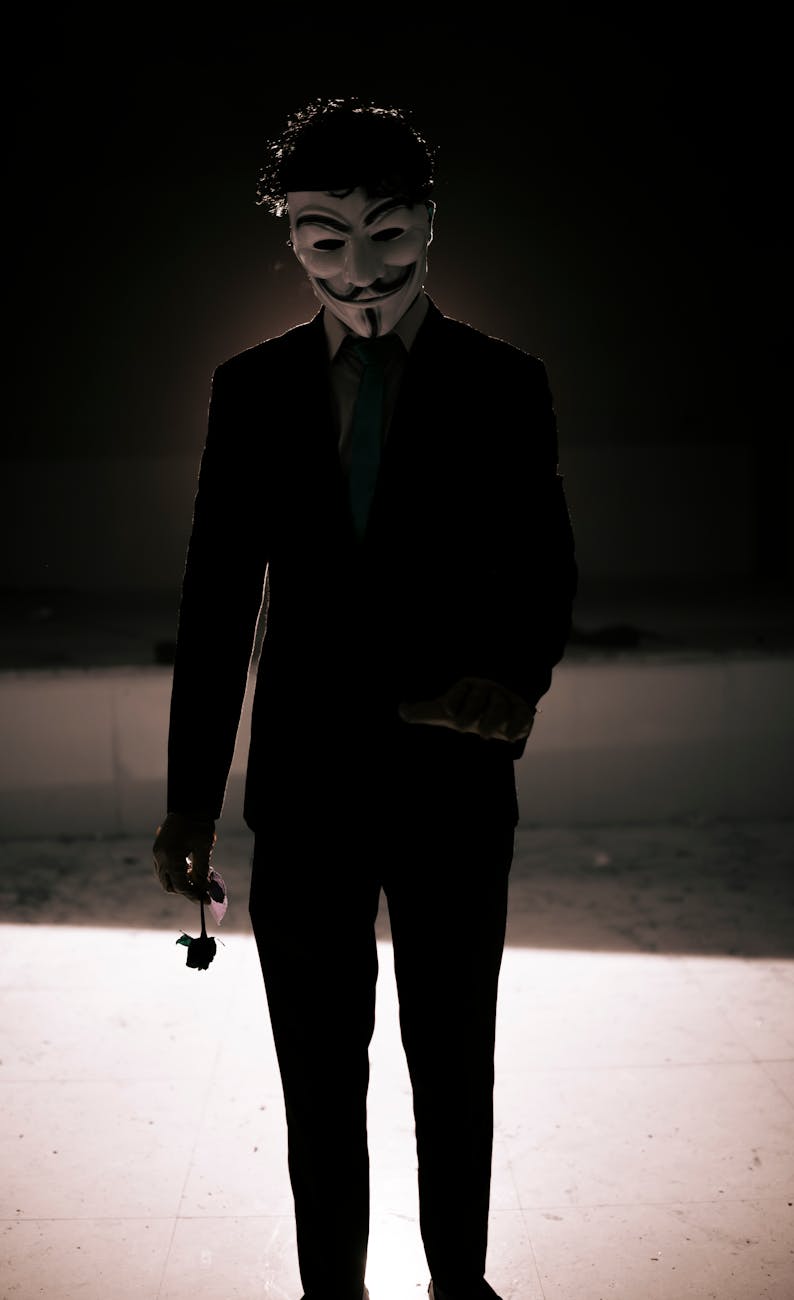 Silhouette of a person in a suit wearing an anonymous mask, standing in dim lighting holding a rose.