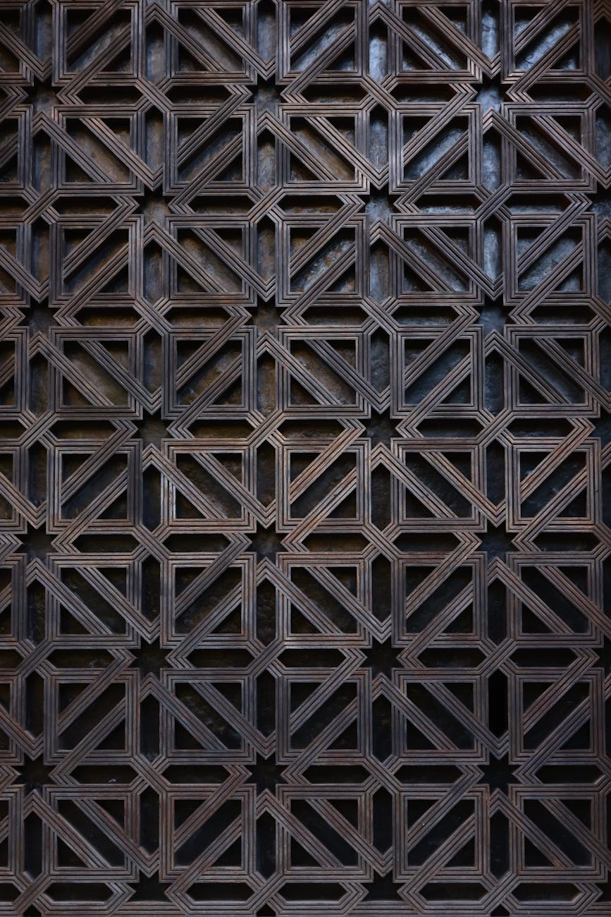 Detailed view of a geometric latticework pattern, showcasing intricate design and symmetry.