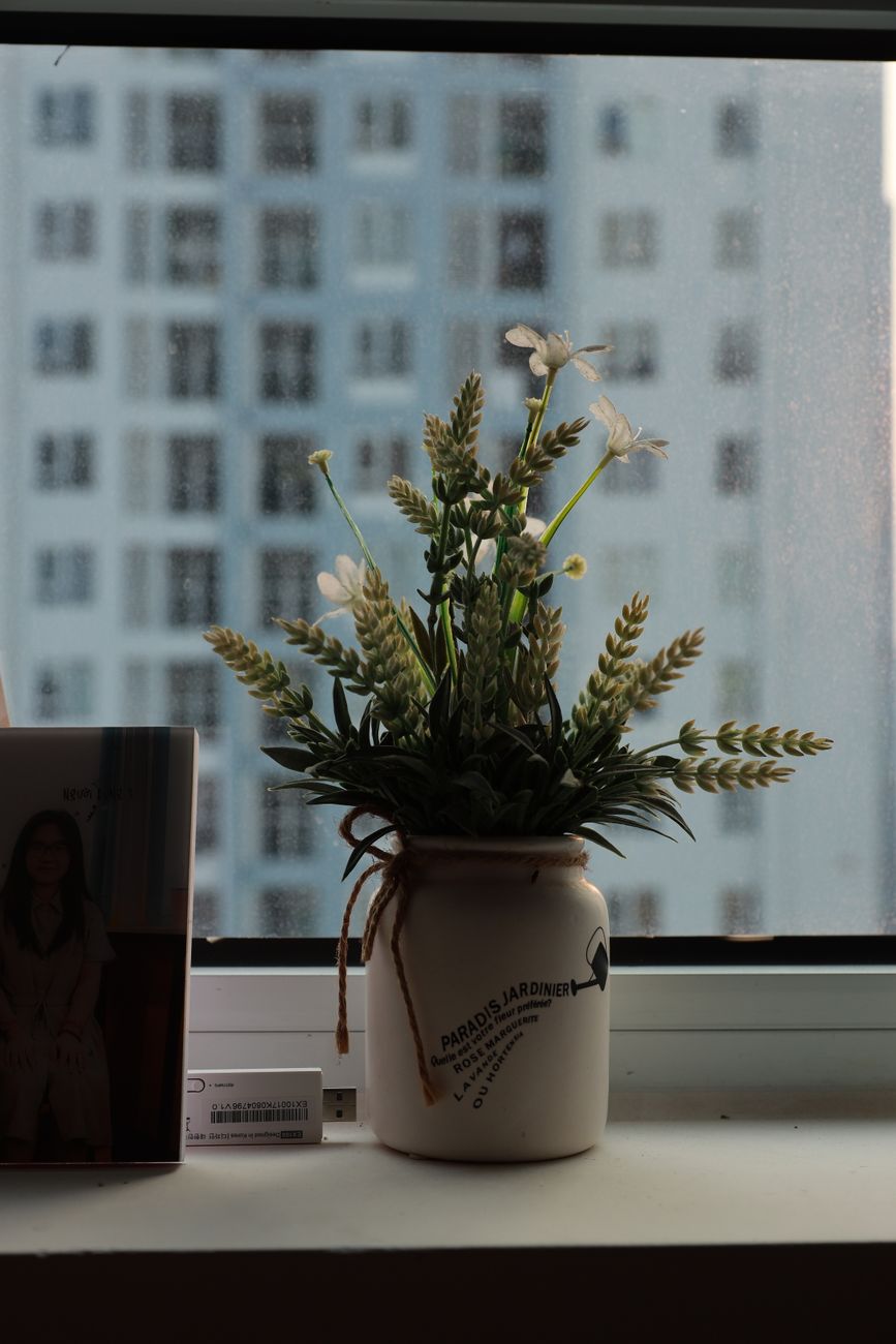 A minimalist flower arrangement in a white vase, set on a windowsill with cityscape background.
