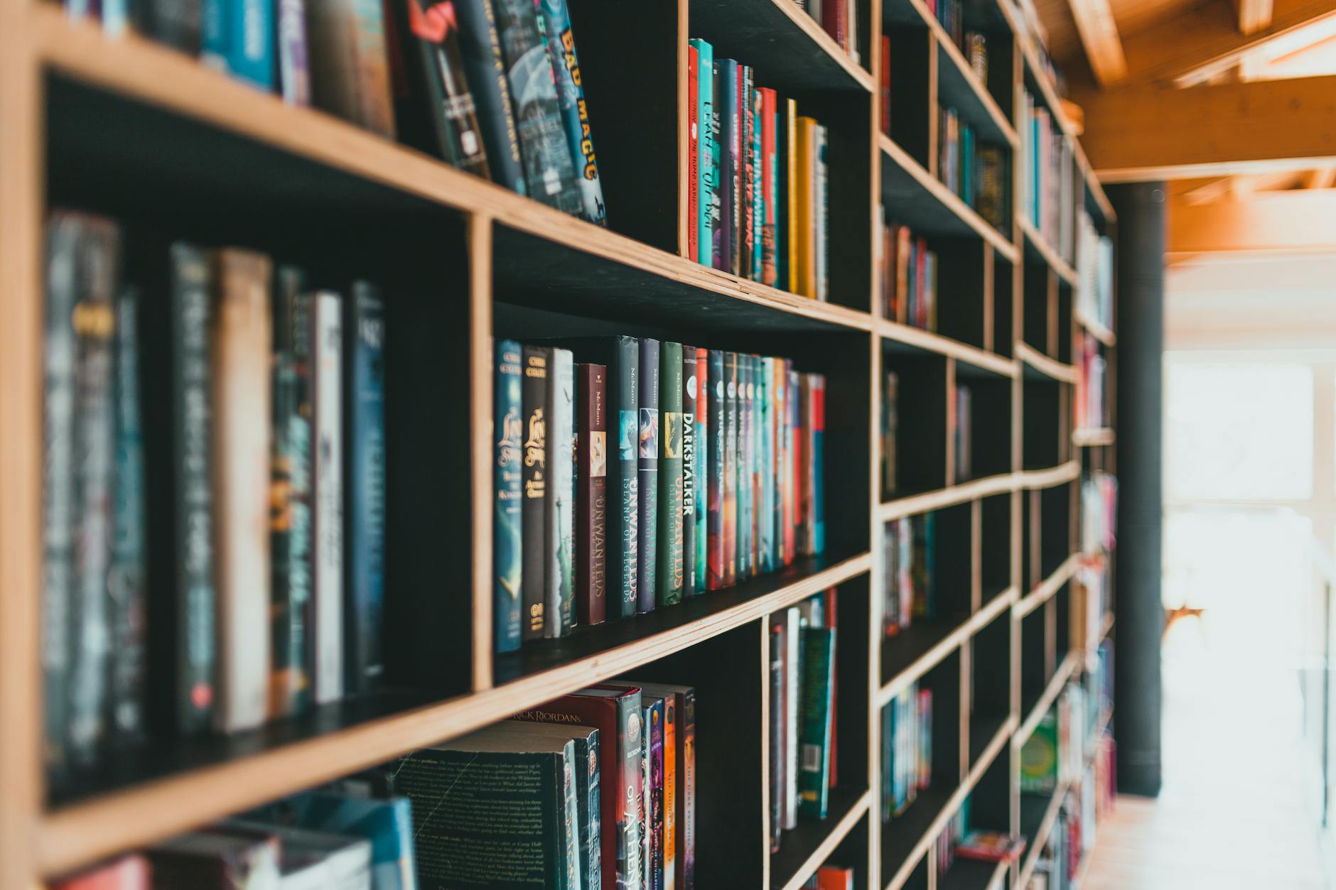 Colorful books neatly arranged on modern shelves in a bright library.